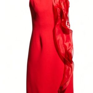 Ricky Freeman for Teri John - Red Crepe Sheath Dress w/ organza ruffle size 6